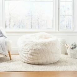 3" Leeson Faux Fur Bean Bag - Christopher Knight Home White -Living Room Chairs store unnamed file 10060