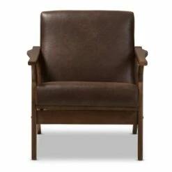 Bianca Mid Century Modern Walnut Wood Distressed Faux Leather Lounge Chair Dark Brown - Baxton Studio