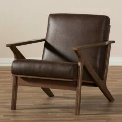 Bianca Mid Century Modern Walnut Wood Distressed Faux Leather Lounge Chair Dark Brown - Baxton Studio -Living Room Chairs store unnamed file 1028