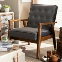 Sorrento Velvet Upholstered Wooden Lounge Chair - Baxton Studio Navy Blue/brown -Living Room Chairs store unnamed file 10396