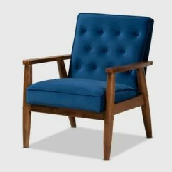 Sorrento Velvet Upholstered Wooden Lounge Chair - Baxton Studio Navy Blue/brown -Living Room Chairs store unnamed file 10400
