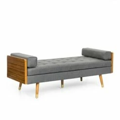 Keairns Mid Century Modern Tufted Double End Chaise Lounge with Bolster Pillows - Christopher Knight Home Gray/dark Walnut -Living Room Chairs store unnamed file 10750