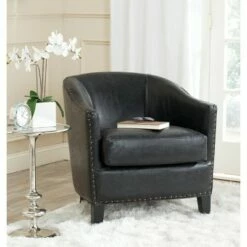 Evander Club Chair Brass Nail Heads - Antique Black - Safavieh