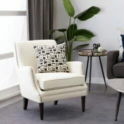 Contemporary Polyester and Wood Accent Chair - Olivia & May Beige