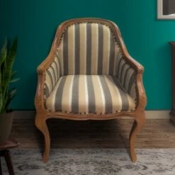 Striped Fabric Arm Wooden Frame Accent Chair Gray/Brown - The Urban Port -Living Room Chairs store unnamed file 11378