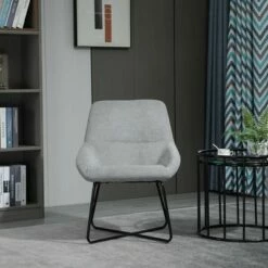 HomCom Modern Mid-Back Linen Accent Chair with X-Shaped Metal Frame and Curved Back