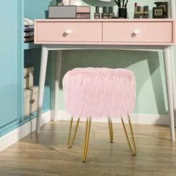 Costway Faux Fur Vanity Chair Makeup Stool Furry Padded Seat Round Ottoman Pink/White -Living Room Chairs store unnamed file 12116
