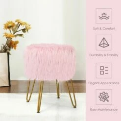 Costway Faux Fur Vanity Chair Makeup Stool Furry Padded Seat Round Ottoman Pink/White -Living Room Chairs store unnamed file 12117