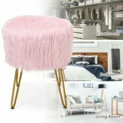 Costway Faux Fur Vanity Chair Makeup Stool Furry Padded Seat Round Ottoman Pink/White -Living Room Chairs store unnamed file 12118