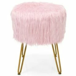 Costway Faux Fur Vanity Chair Makeup Stool Furry Padded Seat Round Ottoman Pink/White -Living Room Chairs store unnamed file 12122