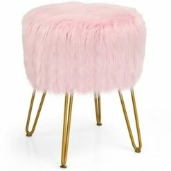 Costway Faux Fur Vanity Chair Makeup Stool Furry Padded Seat Round Ottoman Pink/White -Living Room Chairs store unnamed file 12123