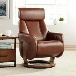 BenchMaster Brown Swivel Faux Leather Recliner Chair Modern Armchair Comfortable Manual Reclining Footrest Headrest for Bedroom