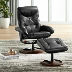 BenchMaster Black Swivel Ottoman Leather Recliner Chair Modern Armchair Ergonomic Manual Reclining Adjustable Bedroom Living Room