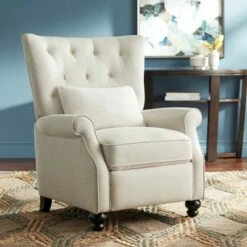 Studio 55D Natural Linen Recliner Chair Modern Armchair Comfortable Push Manual Reclining Footrest Tufted Back Bedroom Living Room
