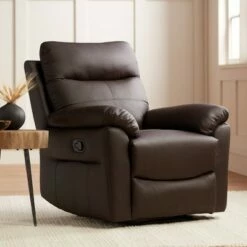 Elm Lane Dark Brown Faux Leather Recliner Chair Modern Armchair Comfortable Manual Reclining Footrest Bedroom Living Room Reading