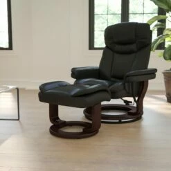 Flash Furniture Contemporary Multi-Position Recliner and Curved Ottoman with Swivel Mahogany Wood Base
