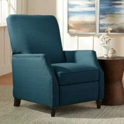 Studio 55D Bold Blue Recliner Chair Modern Armchair Comfortable Push Back Manual Reclining Footrest Bedroom Living Room Reading