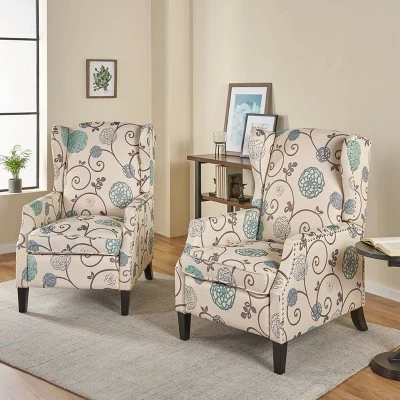Set of 2 Wescott Contemporary Fabric Recliners Light Beige with Blue Floral/Dark Brown - Christopher Knight Home 3 Set of 2 Wescott Contemporary Fabric Recliners Light Beige with Blue Floral/Dark Brown - Christopher Knight Home