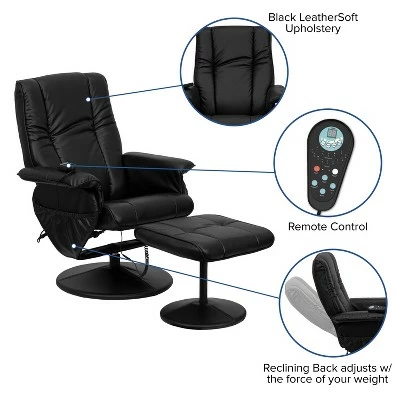 Flash Furniture Massaging Heat Controlled Adjustable Recliner and Ottoman with Wrapped Base in Black LeatherSoft 6 Flash Furniture Massaging Heat Controlled Adjustable Recliner and Ottoman with Wrapped Base in Black LeatherSoft - Image 4
