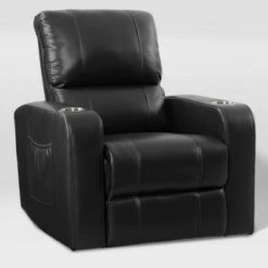 Tucson Home Theater Single Power Recliner with Stainless Steel Cup Holders Black Leather Gel - Corliving