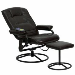 Flash Furniture Massaging Multi-Position Recliner and Ottoman with Metal Bases in Brown LeatherSoft