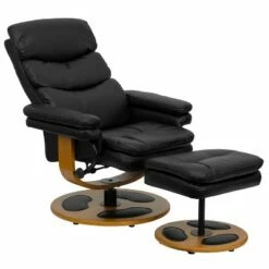 Flash Furniture Contemporary Multi-Position Recliner and Ottoman with Wood Base in Black LeatherSoft