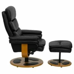 2pc Contemporary Multi-Position Recliner and Ottoman with Wood Base in Black - Riverstone Furniture Collection