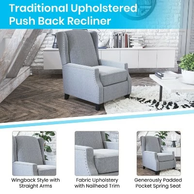Emma and Oliver Fabric Upholstered Easy Push Back Recliner - Classic Wingback Design with Nailhead Accent Trim and Footrest 7 Emma and Oliver Fabric Upholstered Easy Push Back Recliner - Classic Wingback Design with Nailhead Accent Trim and Footrest - Image 5