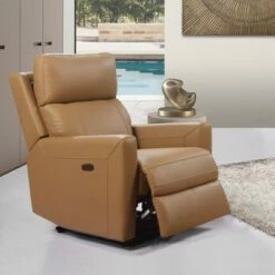 Gwen Leather Power Recliner with Power Foot and Headrest - Abbyson Living Camel