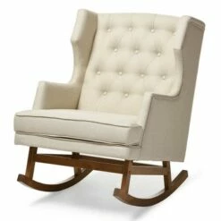 Iona Mid - Century Retro Modern Light Fabric Upholstered Button - Tufted Wingback Rocking Chair - Light Beige - Baxton Studio