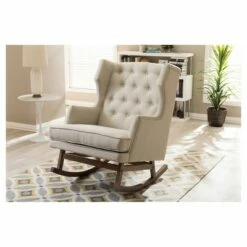 Iona Mid - Century Retro Modern Light Fabric Upholstered Button - Tufted Wingback Rocking Chair - Light Beige - Baxton Studio -Living Room Chairs store unnamed file 13898