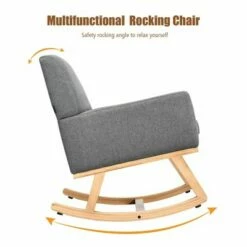 Costway Mid Century Rocking Chair Upholstered Armchair w/ Lumbar Support BeigeGray -Living Room Chairs store unnamed file 14101