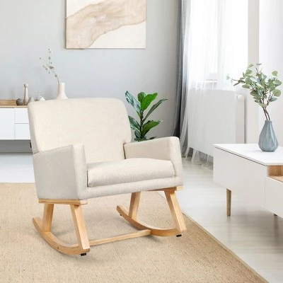 Costway Mid Century Fabric Rocking Chair Upholstered Accent Armchair Lounge Chair Beige/Gray 5 Costway Mid Century Fabric Rocking Chair Upholstered Accent Armchair Lounge Chair Beige/Gray - Image 3