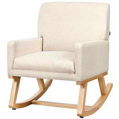 Costway Mid Century Fabric Rocking Chair Upholstered Accent Armchair Lounge Chair Beige/Gray 7 Costway Mid Century Fabric Rocking Chair Upholstered Accent Armchair Lounge Chair Beige/Gray - Image 5