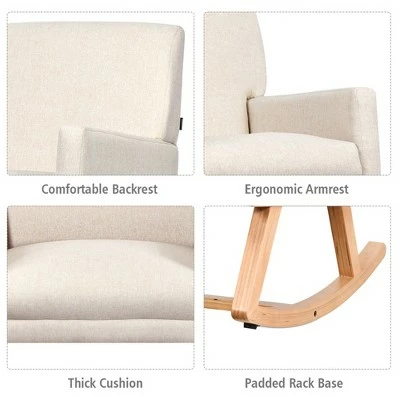 Costway Mid Century Fabric Rocking Chair Upholstered Accent Armchair Lounge Chair Beige/Gray 11 Costway Mid Century Fabric Rocking Chair Upholstered Accent Armchair Lounge Chair Beige/Gray - Image 9