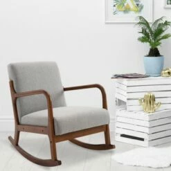 HomCom Linen Fabric Rocking Chair with Curved Wood Base