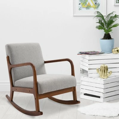 HomCom Linen Fabric Rocking Chair with Curved Wood Base 3 HomCom Linen Fabric Rocking Chair with Curved Wood Base