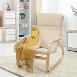Costway Modern Bentwood Rocking Chair Fabric Upholstered Relax Rocker Lounge Chair GrayBeige