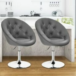 Costway Set of 2 Bar Stools Swivel Vanity Accent Chairs w/Round Tufted Back Grey