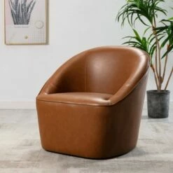 Barrel Swivel Chair Carmel Faux Leather - WOVENBYRD