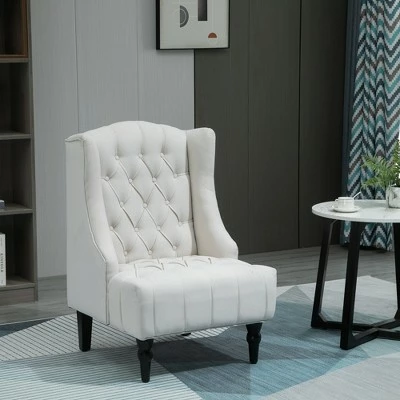 HomCom Linen Fabric Button Tufted Tall Wingback Accent Chair with Wooden Legs 4 HomCom Linen Fabric Button Tufted Tall Wingback Accent Chair with Wooden Legs - Image 2