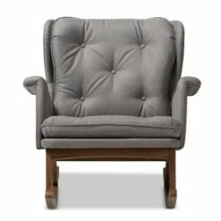 Maggie Mid Century Modern Fabric Upholstered Walnut Finished Rocking Chair Gray, Brown - Baxton Studio