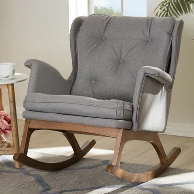 Maggie Mid Century Modern Fabric Upholstered Walnut Finished Rocking Chair Gray, Brown - Baxton Studio 8 Maggie Mid Century Modern Fabric Upholstered Walnut Finished Rocking Chair Gray, Brown - Baxton Studio - Image 6