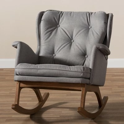 Maggie Mid Century Modern Fabric Upholstered Walnut Finished Rocking Chair Gray, Brown - Baxton Studio 9 Maggie Mid Century Modern Fabric Upholstered Walnut Finished Rocking Chair Gray, Brown - Baxton Studio - Image 7