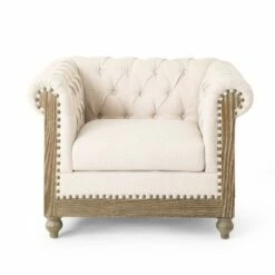 Castalia Chesterfield Tufted Fabric Club Chair with Nailhead Trim - Christopher Knight Home Beige/dark Brown -Living Room Chairs store unnamed file 1853
