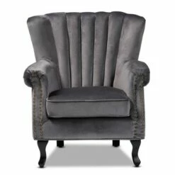 Relena Velvet Wood Armchair - Baxton Studio Gray/dark Brown