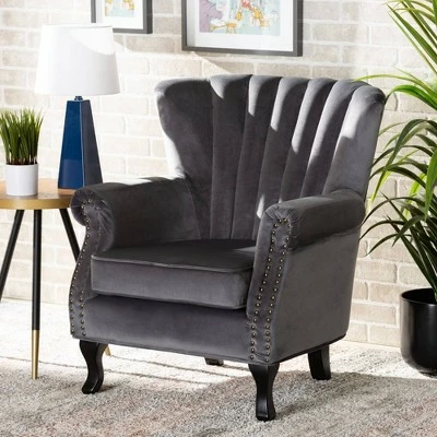 Relena Velvet Wood Armchair - Baxton Studio Gray/dark Brown 10 Relena Velvet Wood Armchair - Baxton Studio Gray/dark Brown - Image 8