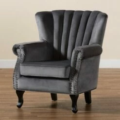 Relena Velvet Wood Armchair - Baxton Studio Gray/dark Brown 21 Relena Velvet Wood Armchair - Baxton Studio Gray/dark Brown -Living Room Chairs store unnamed file 1910