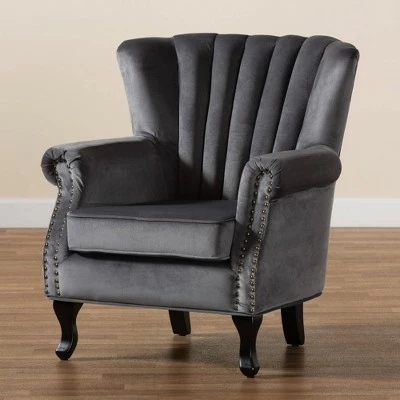 Relena Velvet Wood Armchair - Baxton Studio Gray/dark Brown 11 Relena Velvet Wood Armchair - Baxton Studio Gray/dark Brown - Image 9