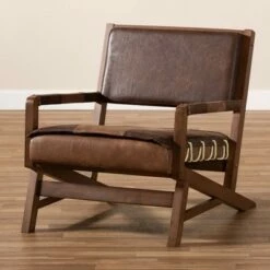 Rovelyn Faux Leather Walnut Finished Wood Lounge Chair Brown - Baxton Studio -Living Room Chairs store unnamed file 2190